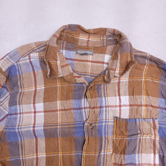Falls Creek Madras Flannel Casual Button Up Shirt Mens Size Small S Brown Blue - Picture 1 of 10